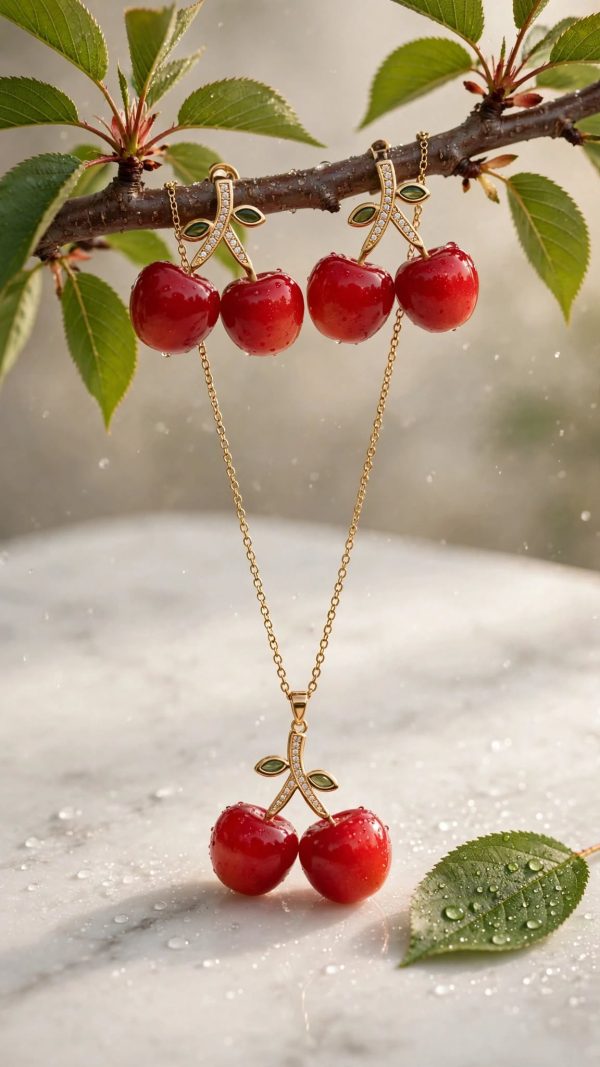 cherry_jewelry_marble_still_life cherry drop necklace set