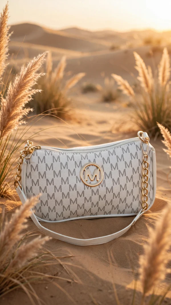 luxury_desert_handbag white and gold shoulder monogram bag