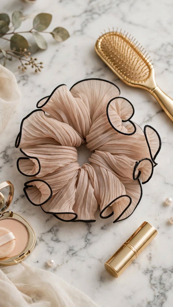 Beige Organza Scrunchie Black Edge