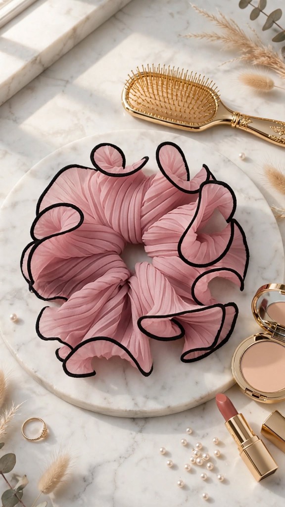 Pink Organza Scrunchie Black Edge