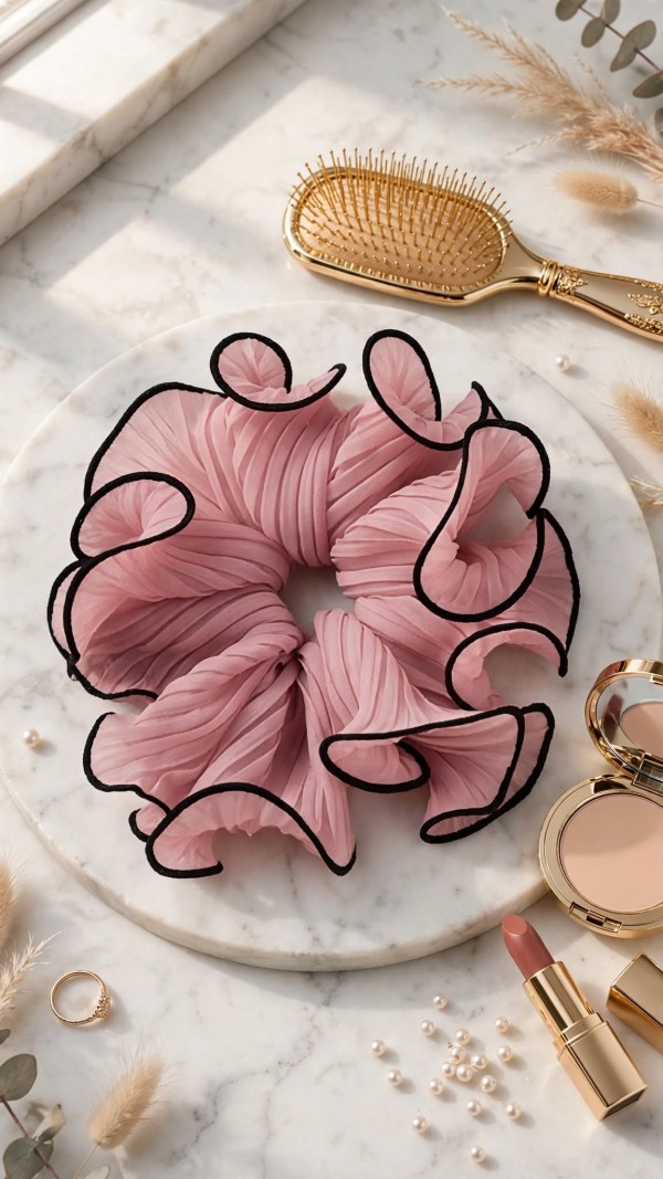 Pink Organza Scrunchie Black Edge