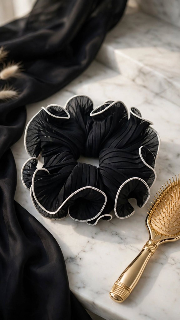 Black Organza Scrunchie White Edge