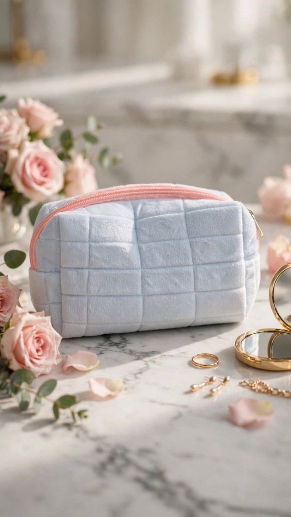 Quilted Plush Makeup Pouch Blue