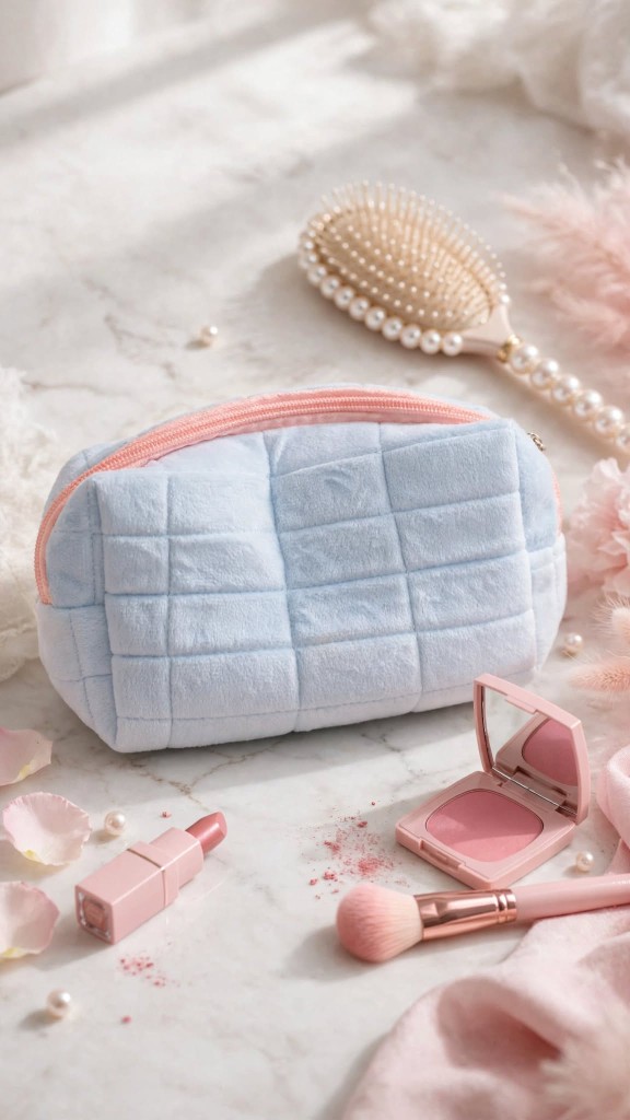 Quilted Plush Makeup Pouch Blue