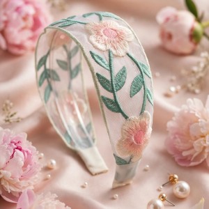 Embroidered Floral Headband Pink Flower