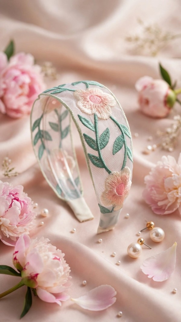 Embroidered Floral Headband Pink Flower