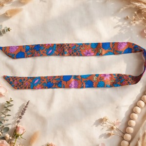 Floral Twilly Skinny Scarf Orange Blue