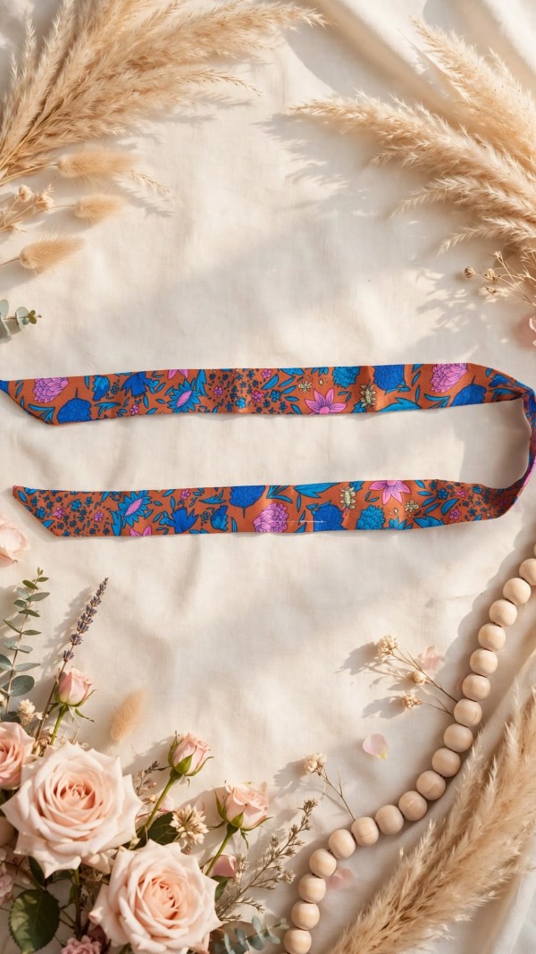 Floral Twilly Skinny Scarf Orange Blue