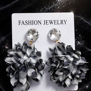 Grey Fabric Flower Drop Earrings Crystal Top