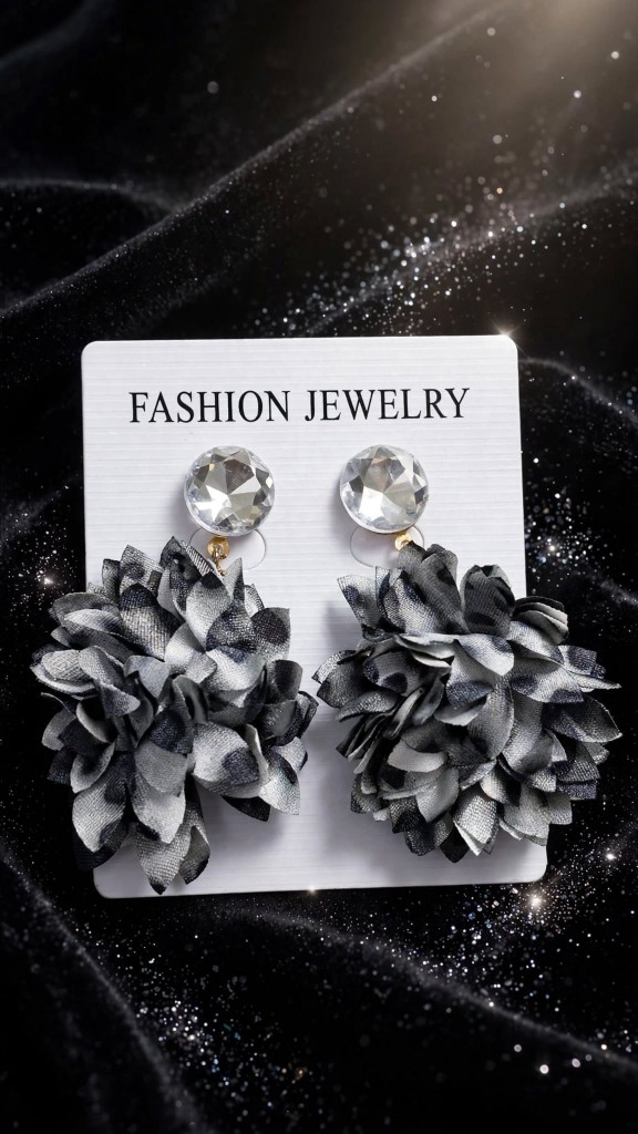 Grey Fabric Flower Drop Earrings Crystal Top