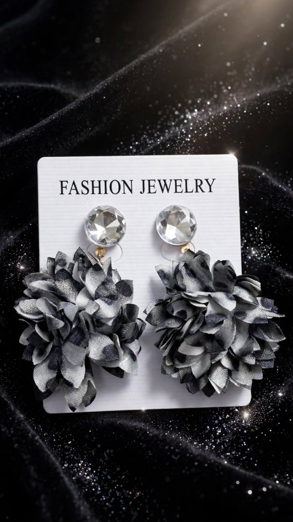 Grey Fabric Flower Drop Earrings Crystal Top