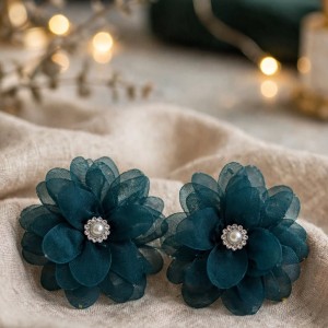 Teal Fabric Flower Statement Earrings