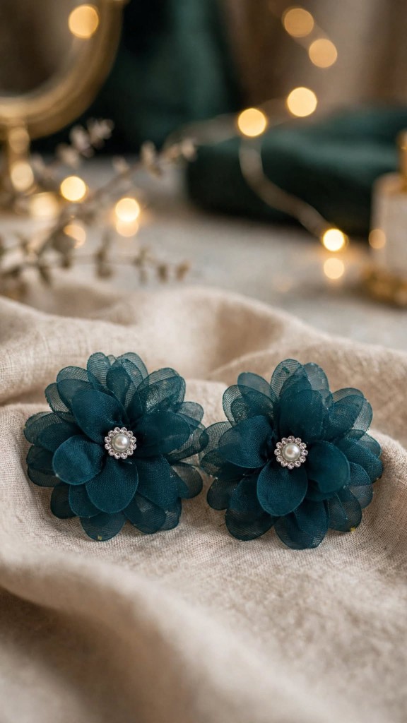 Teal Fabric Flower Statement Earrings